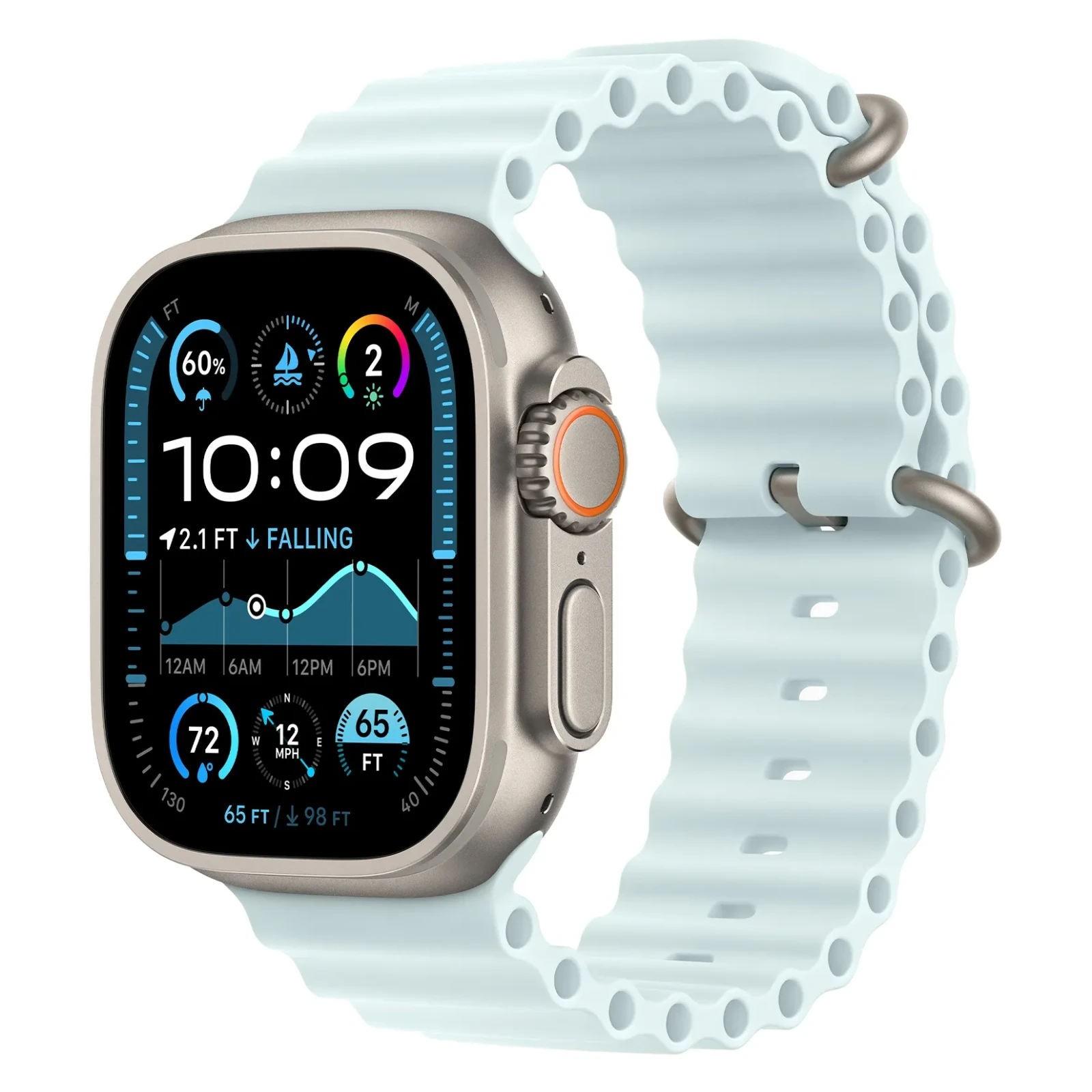 Apple Watch Ultra 2, 49 мм, корпус из натурального титана, Ледяной голубой, Ocean Band №1