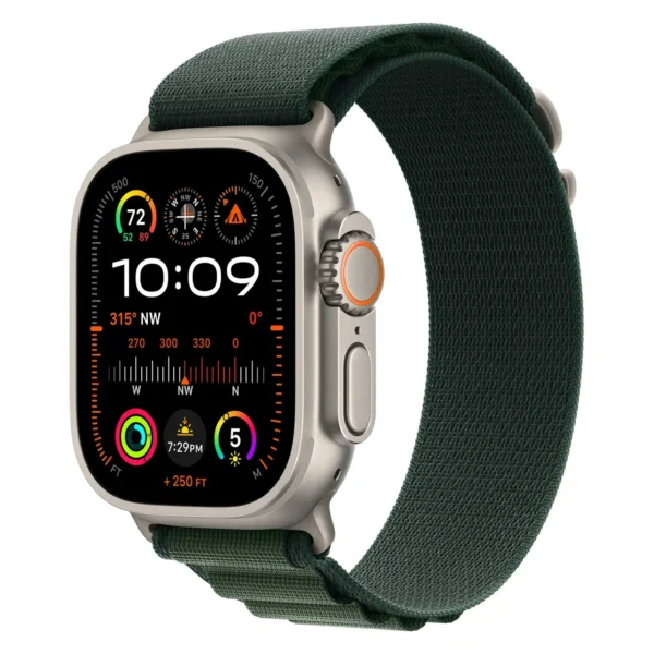 Apple Watch Ultra 2, 49 мм, корпус из натурального титана, Зеленый ремешок, Alpine Loop