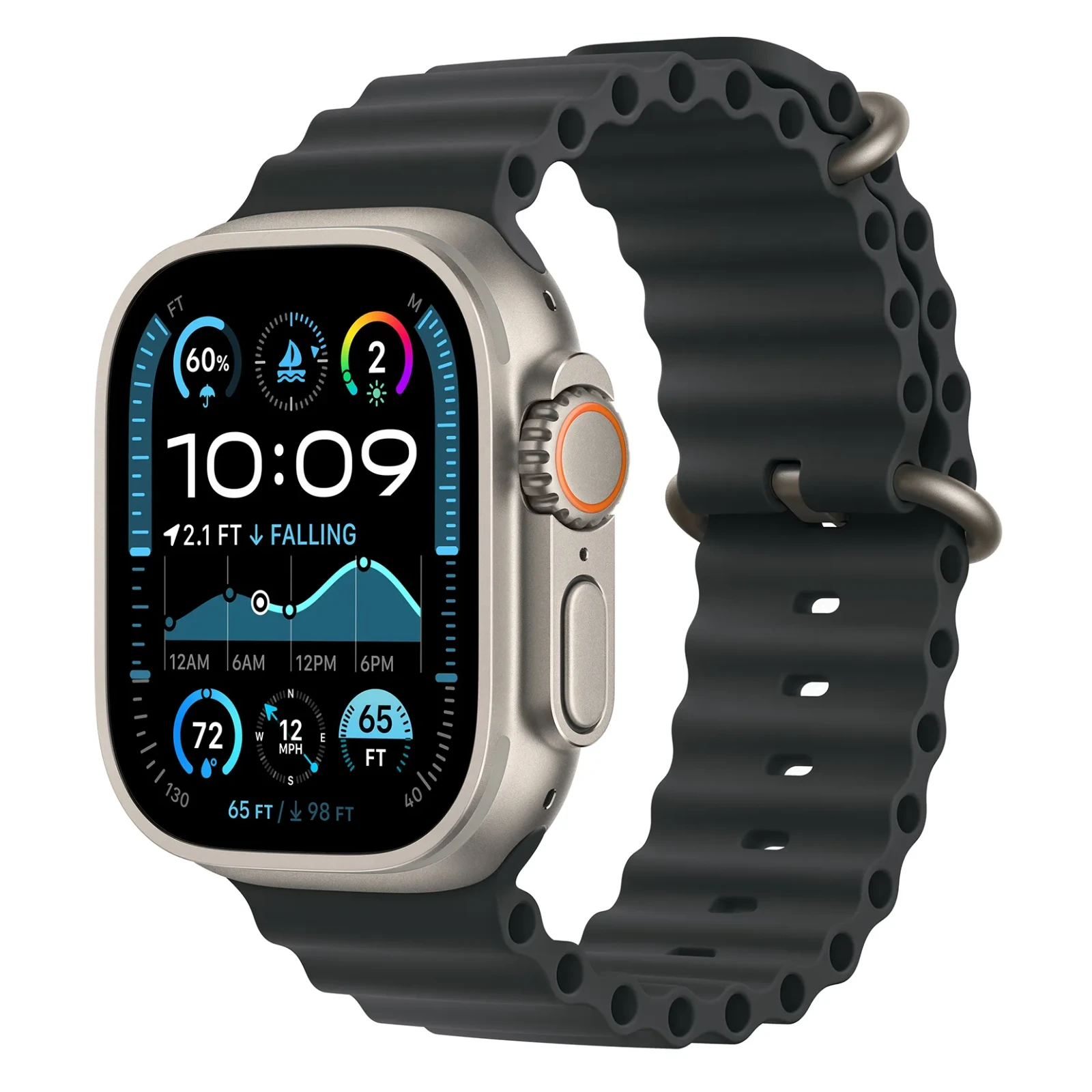 Apple Watch Ultra 2, 49 мм, корпус из натурального титана, Черный ремешок, Ocean Band №1