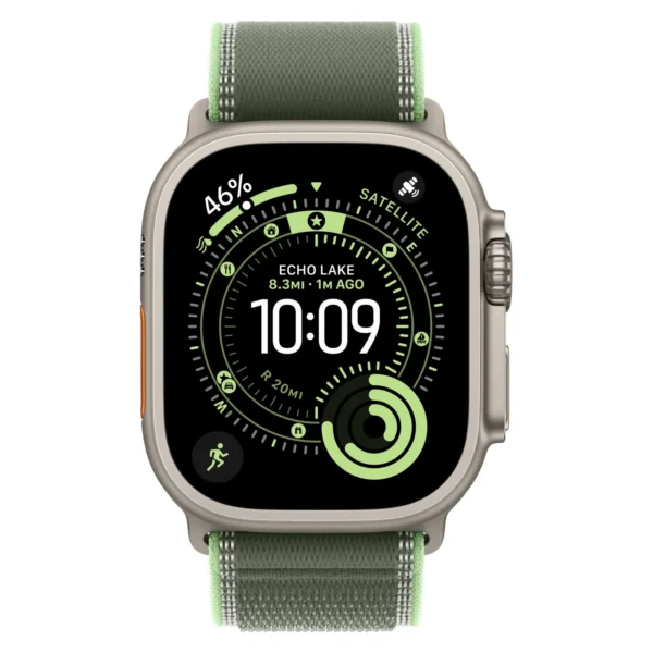 Часы Apple Watch Ultra 3, 49 мм, титан светлого цвета, ремешок Trail цвета «зелёный/неон»