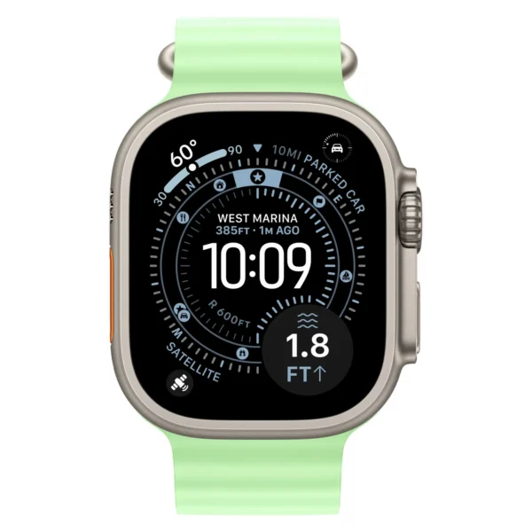 Часы Apple Watch Ultra 3, 49 мм, титан светлого цвета, ремешок Ocean цвета «зелёный неон»