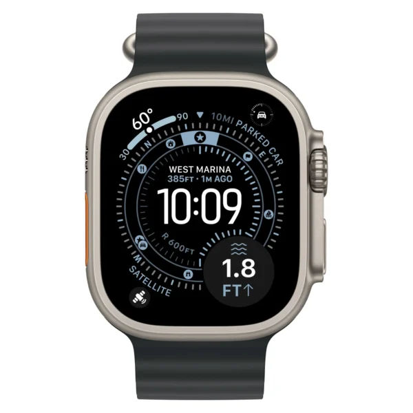 Часы Apple Watch Ultra 3, 49 мм, титан светлого цвета, ремешок Ocean чёрного цвета