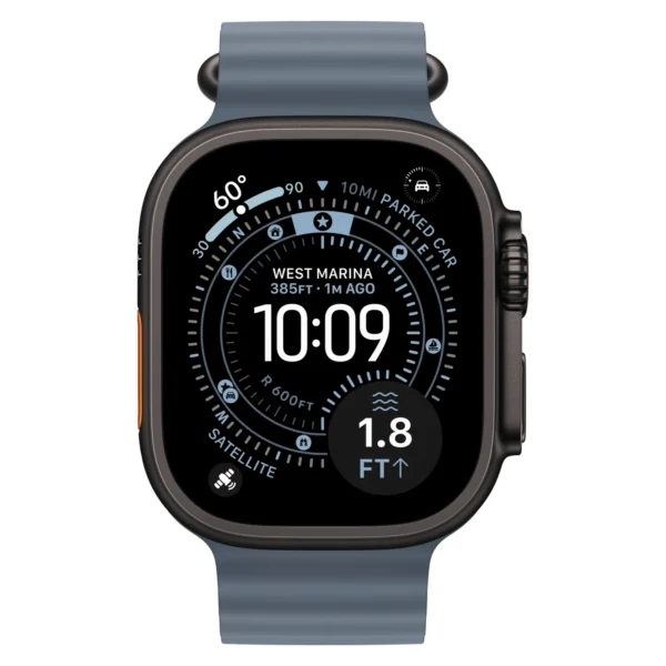 Часы Apple Watch Ultra 3, 49 мм, титан чёрного цвета, ремешок Ocean цвета «якорный синий»