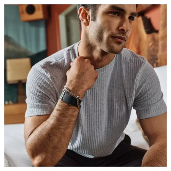 Кожаный ремешок для браслета Whoop 5.0 (ONE, PEAK) LeatherLuxe Band (Black/Cream/Titanium)